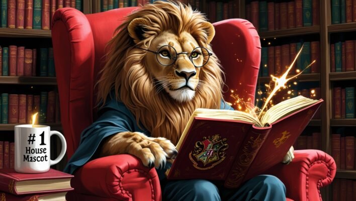 Lion Wearing Glasses and Reading a Spellbook