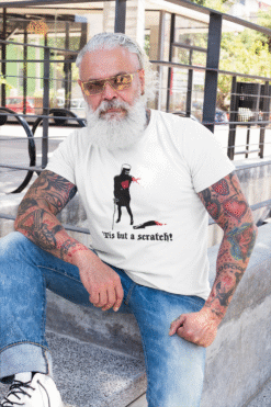 tis but a scratch unisex tshirt male model