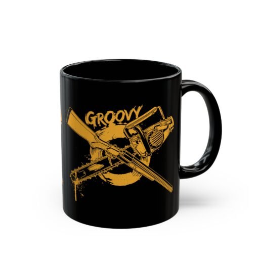 🔫🪓 Groovy Black Mug – Hail to the Caffeine, Baby