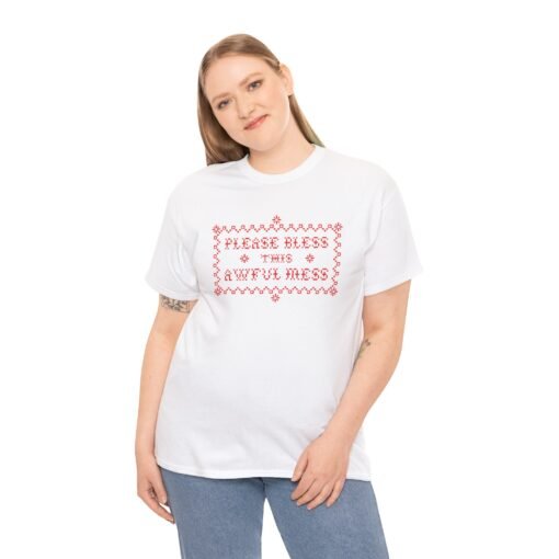 🧵😅 Please Bless This Awful Mess Unisex T-Shirt – Cross-Stitched Chaos, Worn with Pride - Image 3