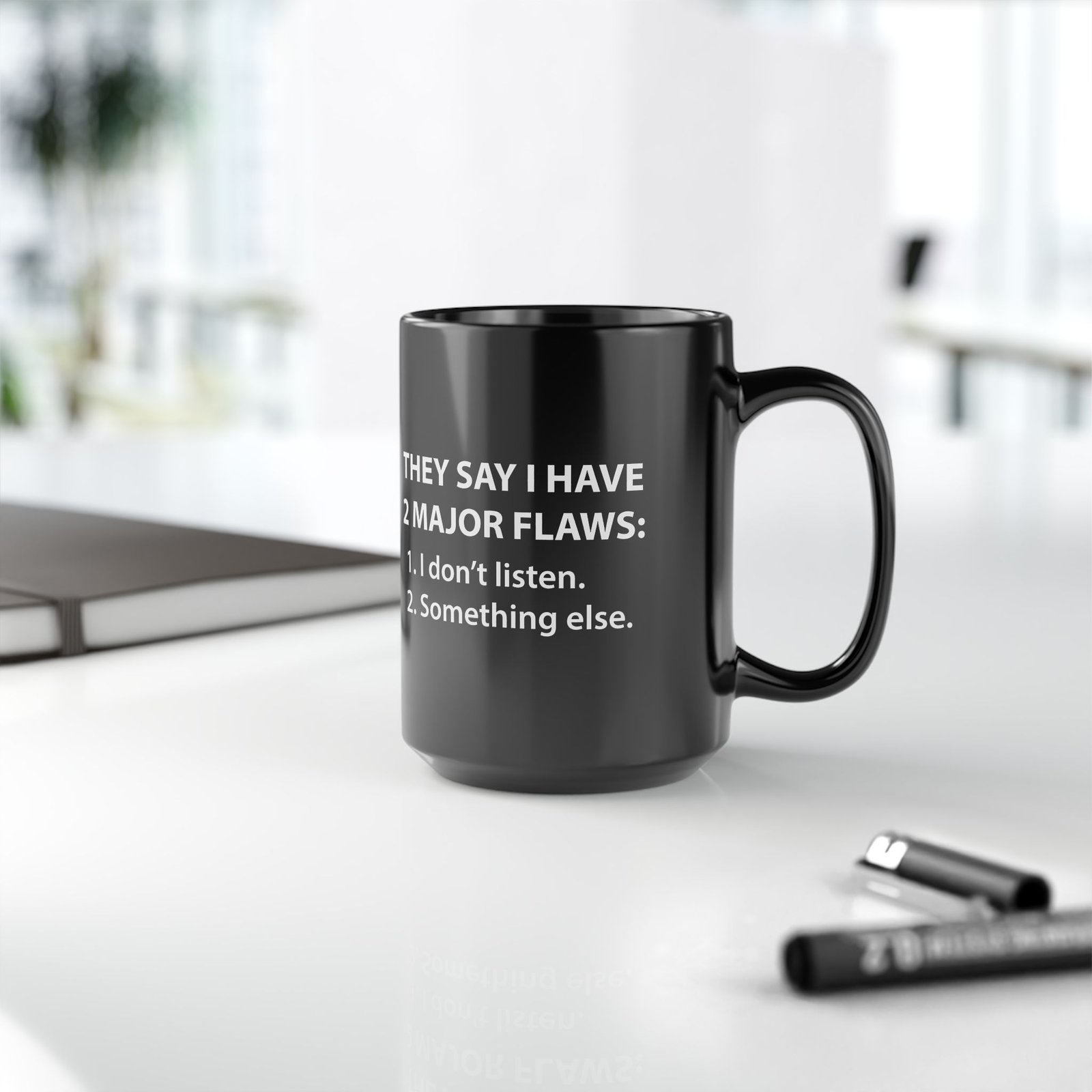 ☕😆🧠 Two Major Flaws Black Mug – Something... Something Funny - Image 10