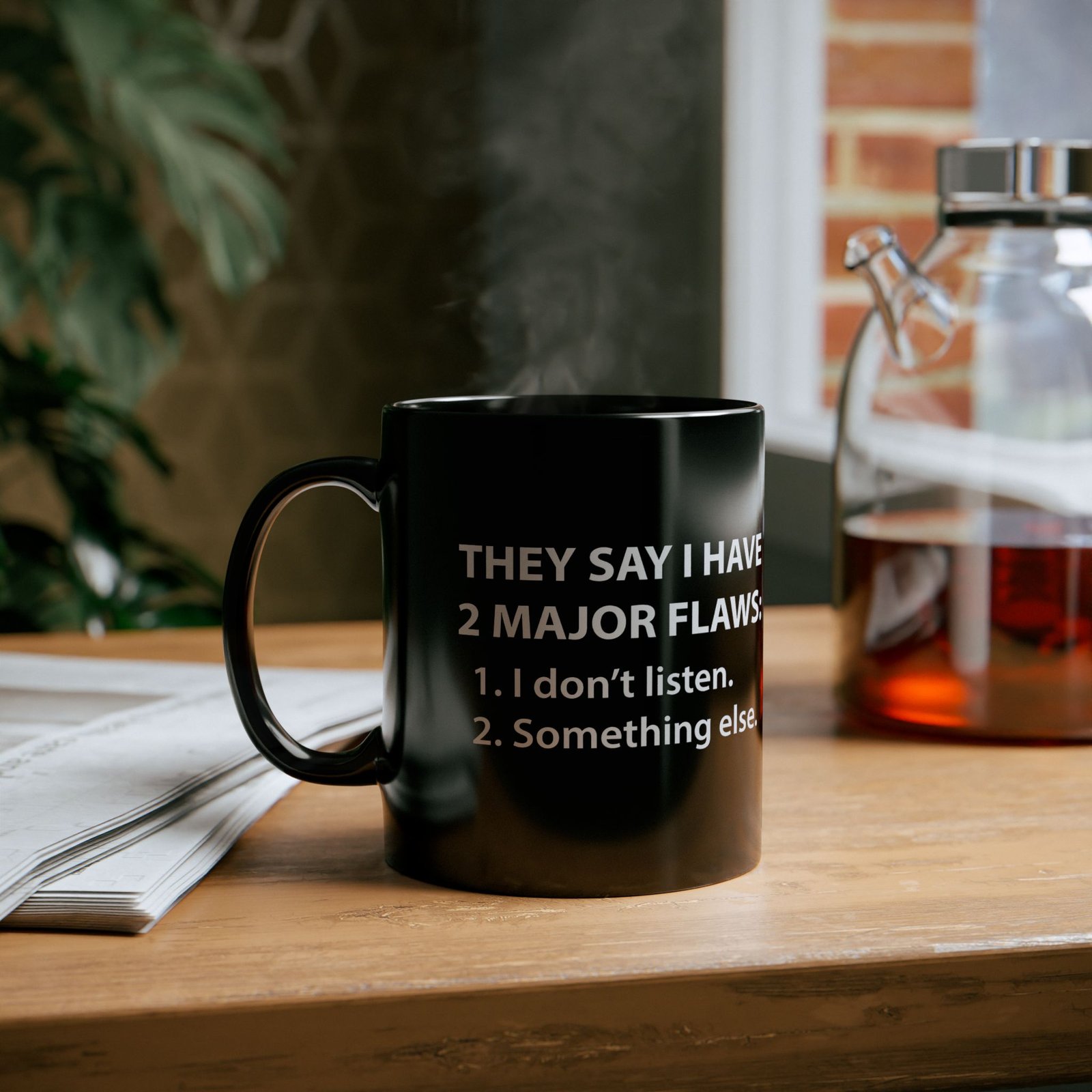 ☕😆🧠 Two Major Flaws Black Mug – Something... Something Funny - Image 4