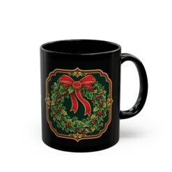 Holiday Wreath – Black Mug – Classic Christmas Cheer in Every Sip