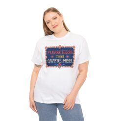 Please Bless This Awful Mess – Unisex T-Shirt – Cozy Chaos in Cross-Stitch - Image 3