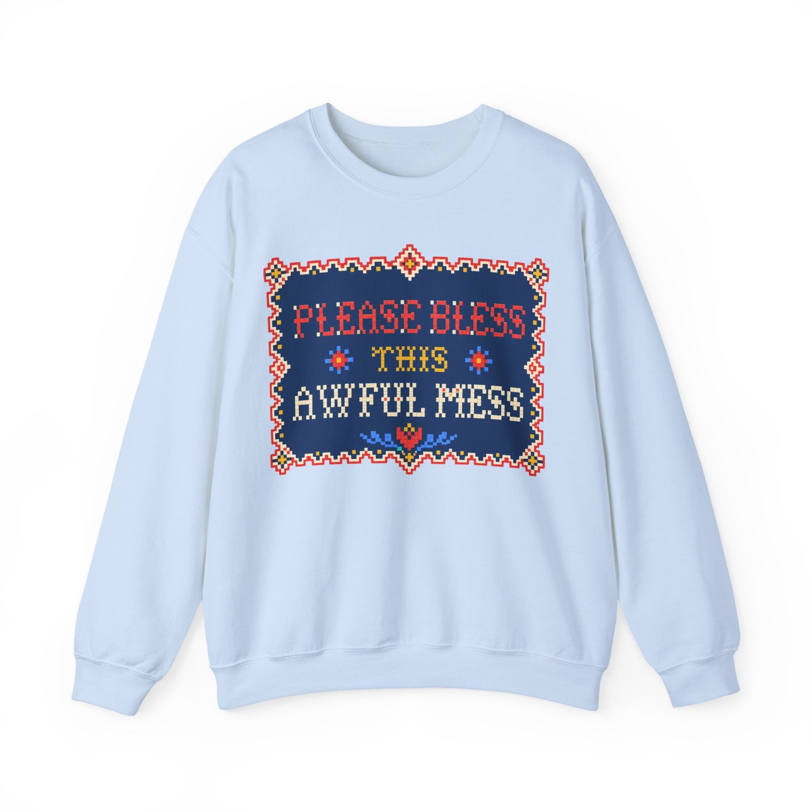 Please Bless This Awful Mess – Unisex Sweatshirt – Cozy Chaos in Cross-Stitch - Image 11