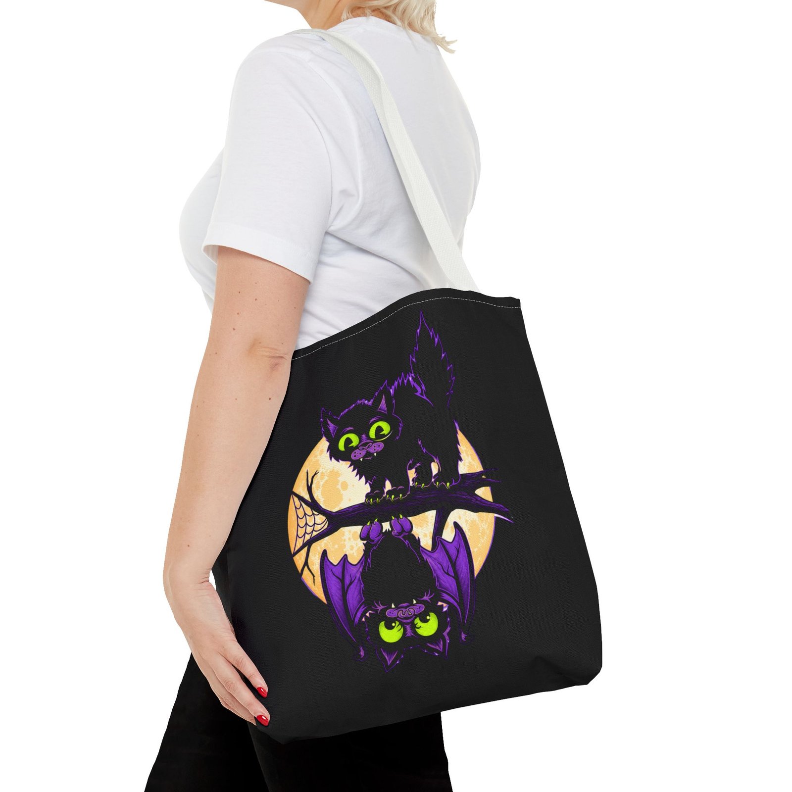 Moonlit Mischief - Tote Bag – Cute Halloween Cat and Bat - Image 32