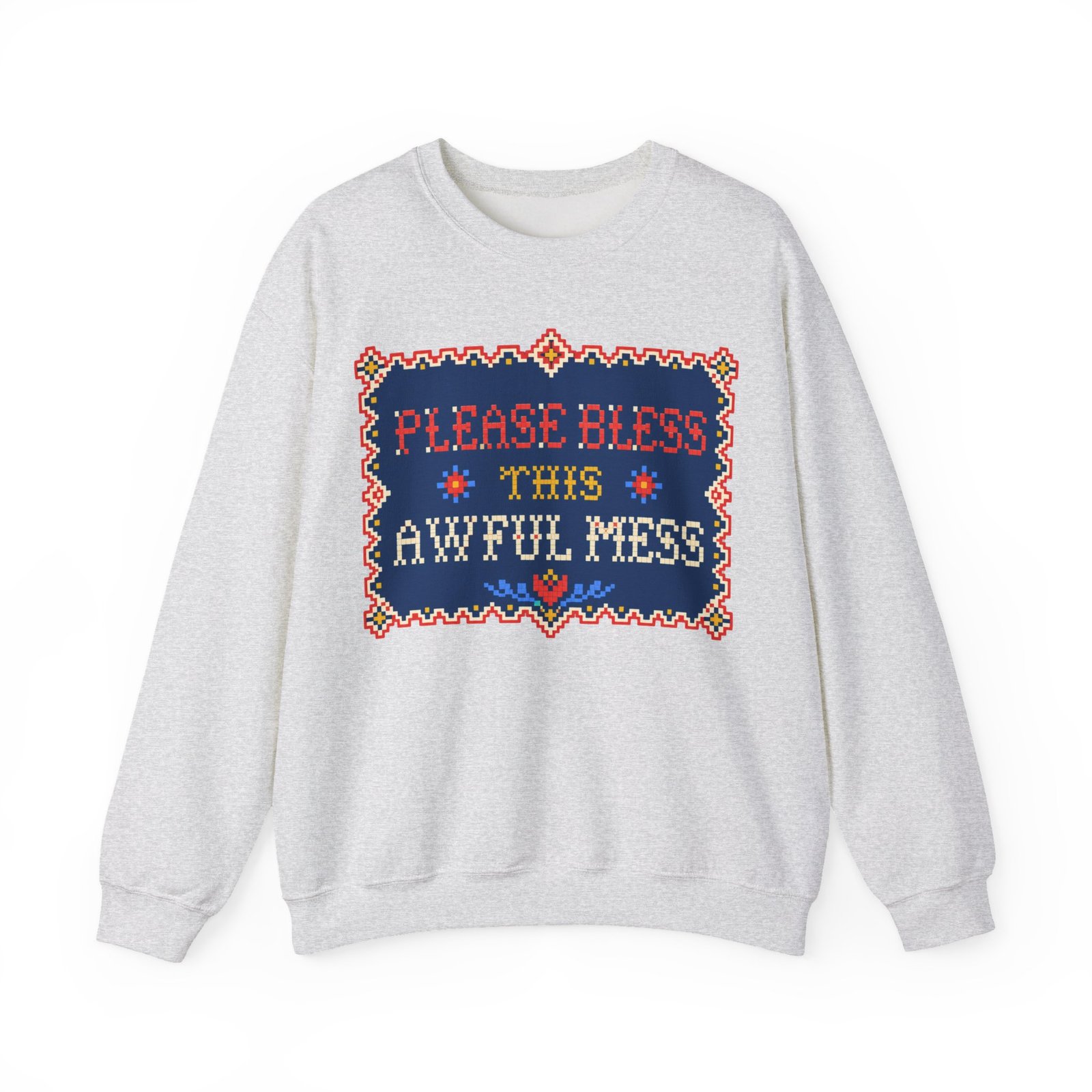 Please Bless This Awful Mess – Unisex Sweatshirt – Cozy Chaos in Cross-Stitch - Image 8