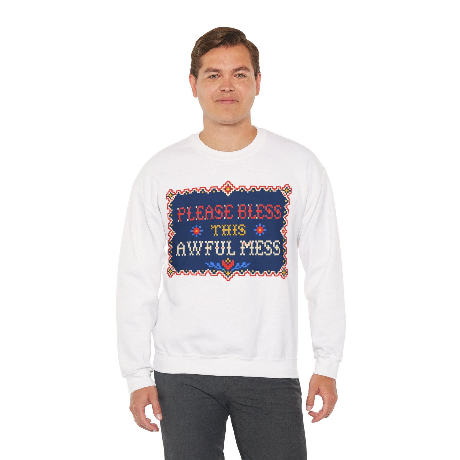 Please Bless This Awful Mess – Unisex Sweatshirt – Cozy Chaos in Cross-Stitch - Image 6