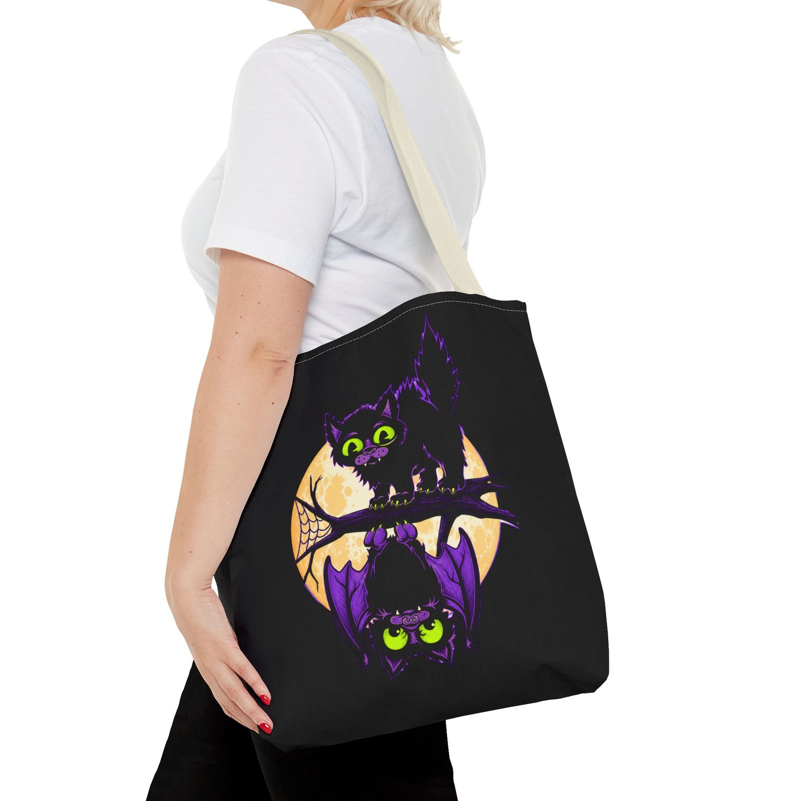 Moonlit Mischief - Tote Bag – Cute Halloween Cat and Bat - Image 44