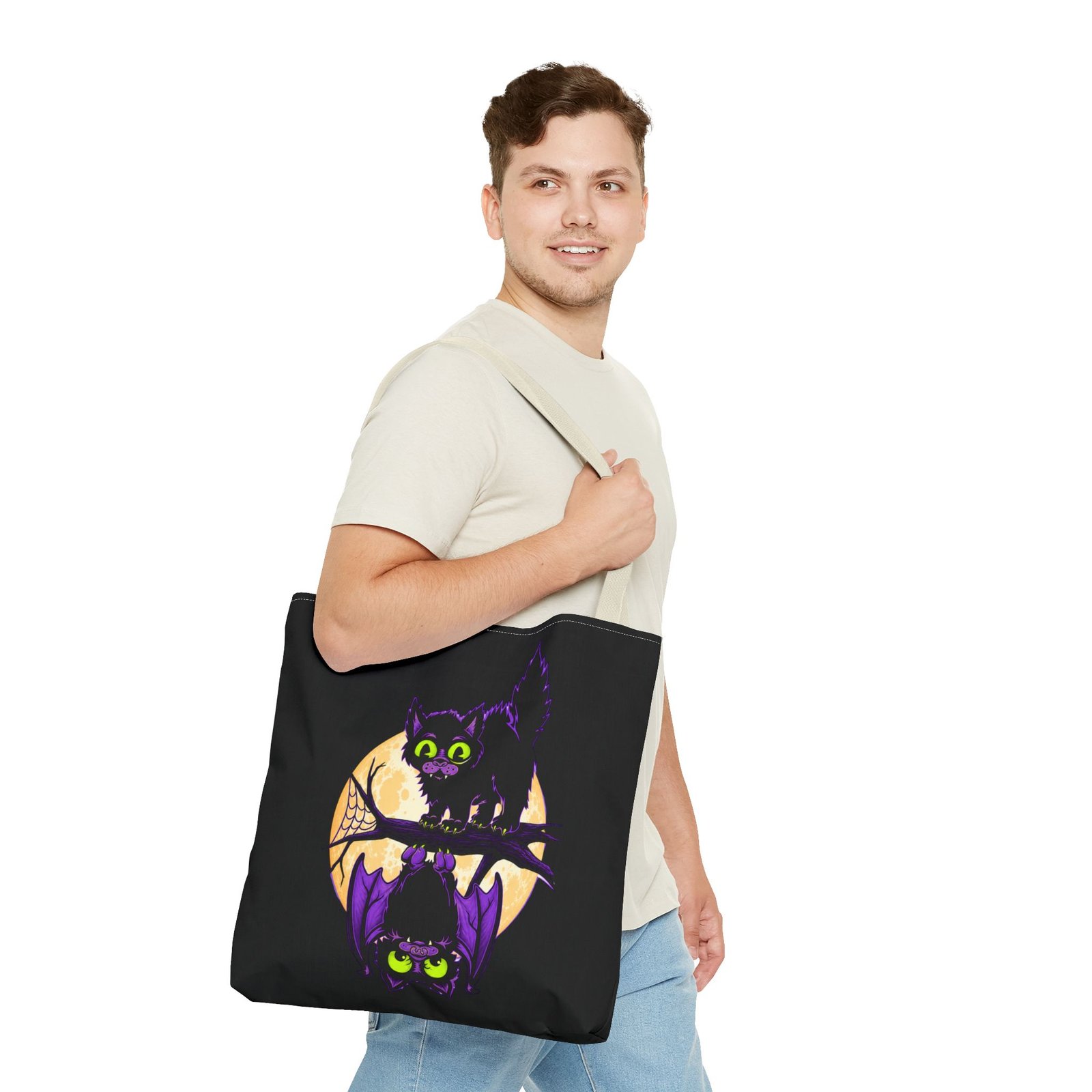 Moonlit Mischief - Tote Bag – Cute Halloween Cat and Bat - Image 47