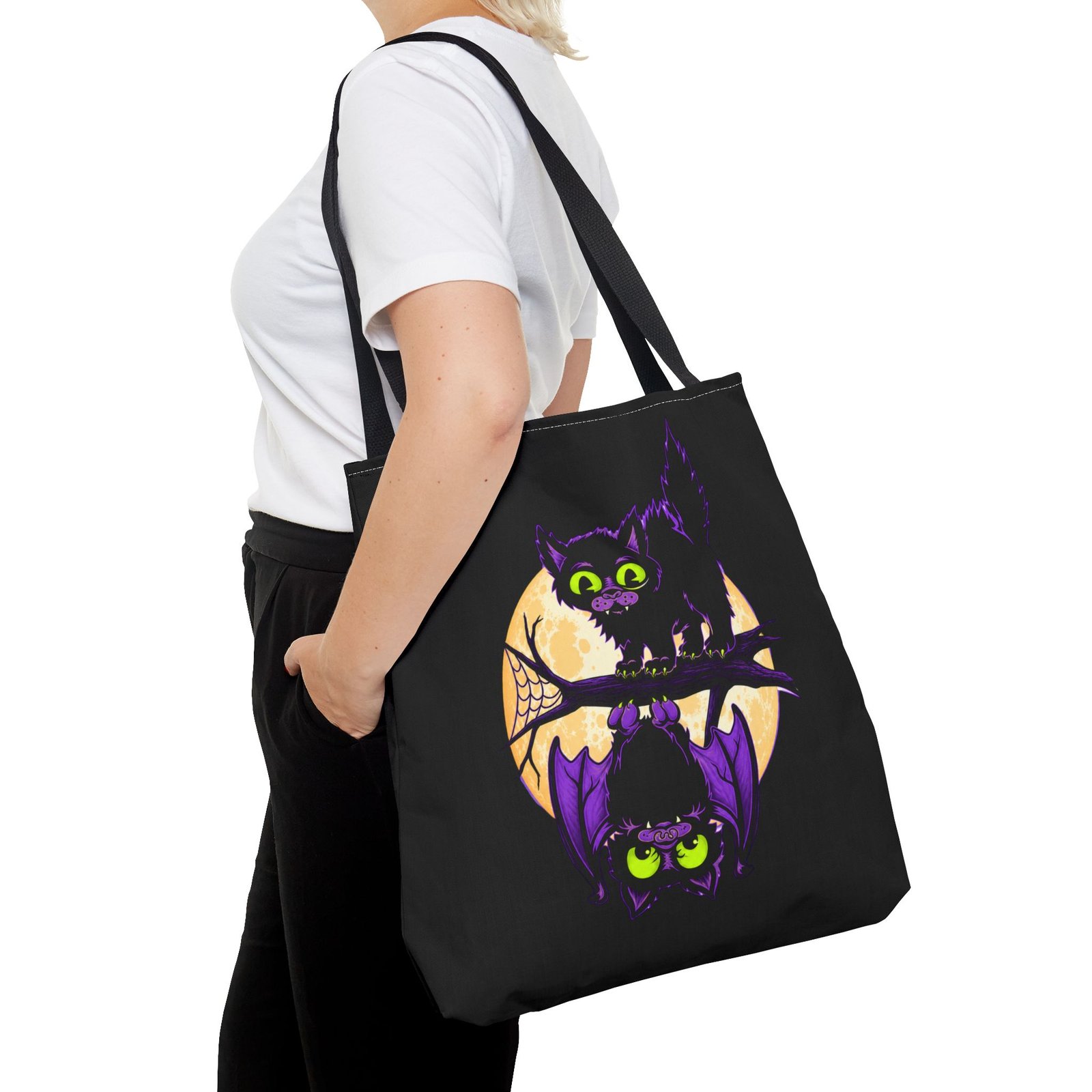 Moonlit Mischief - Tote Bag – Cute Halloween Cat and Bat - Image 12