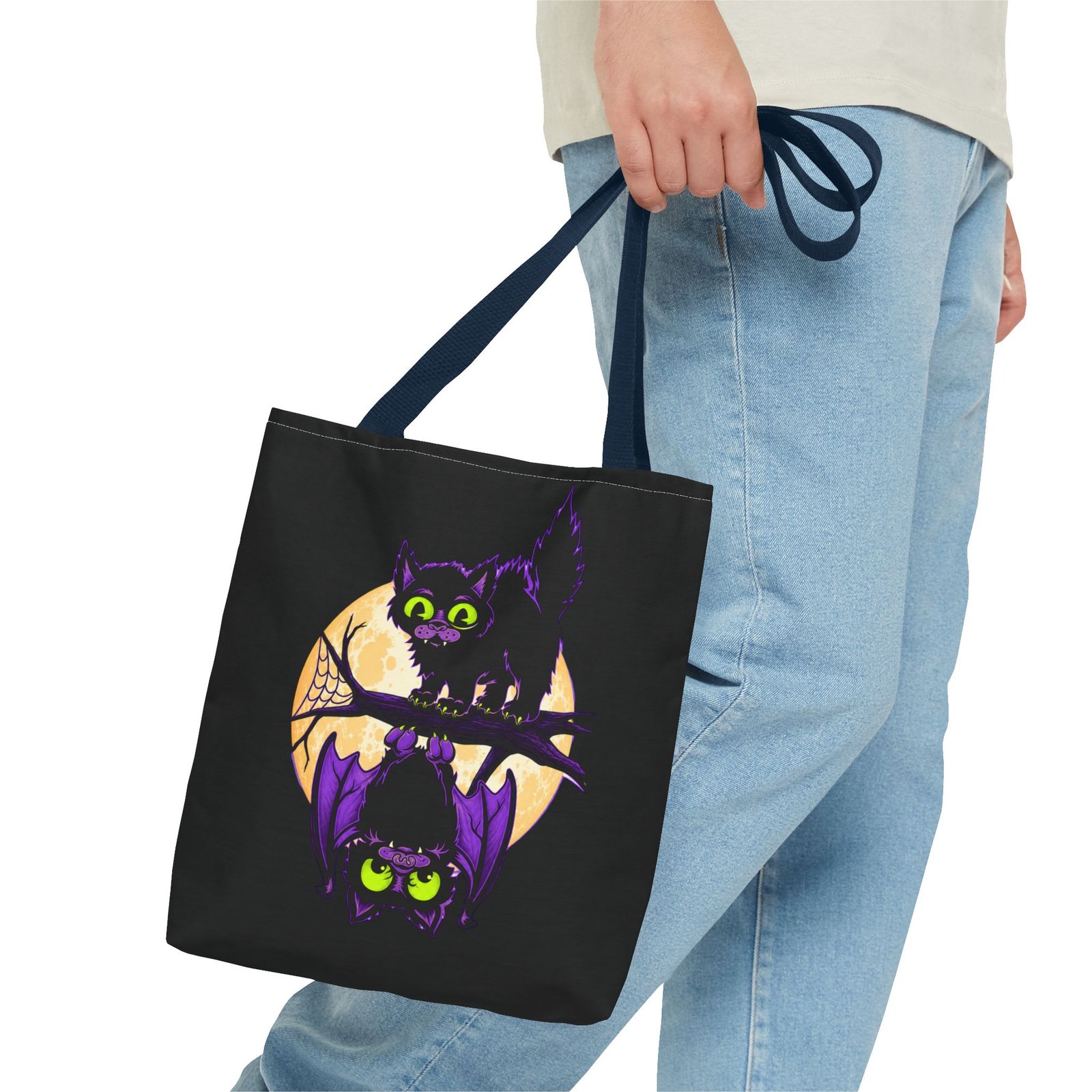 Moonlit Mischief - Tote Bag – Cute Halloween Cat and Bat - Image 51