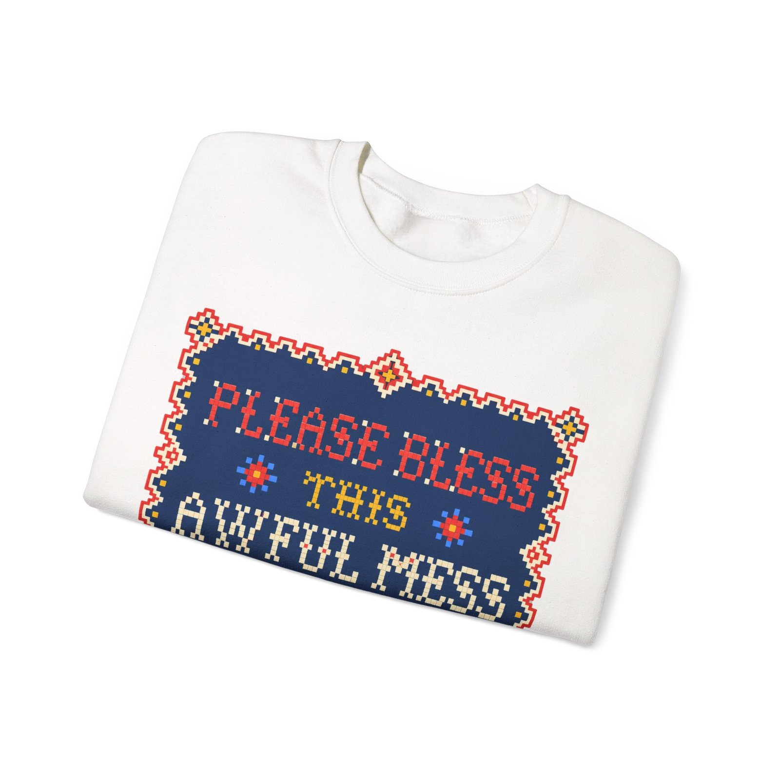Please Bless This Awful Mess – Unisex Sweatshirt – Cozy Chaos in Cross-Stitch - Image 2