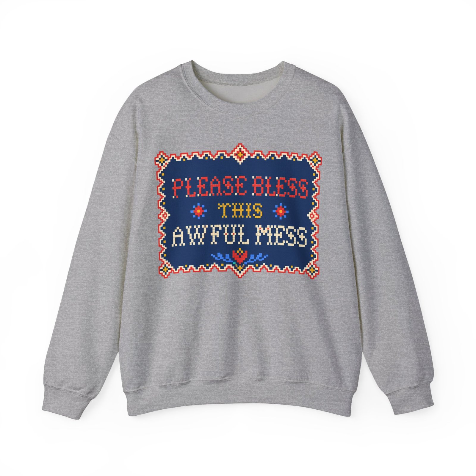 Please Bless This Awful Mess – Unisex Sweatshirt – Cozy Chaos in Cross-Stitch - Image 10