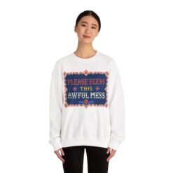 Please Bless This Awful Mess – Unisex Sweatshirt – Cozy Chaos in Cross-Stitch - Image 3