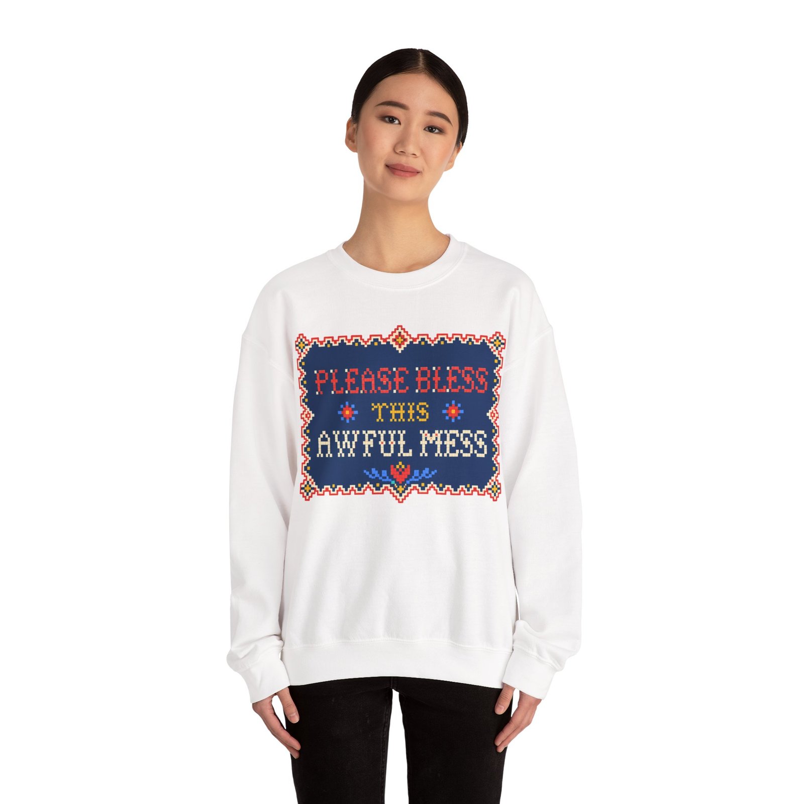Please Bless This Awful Mess – Unisex Sweatshirt – Cozy Chaos in Cross-Stitch - Image 3