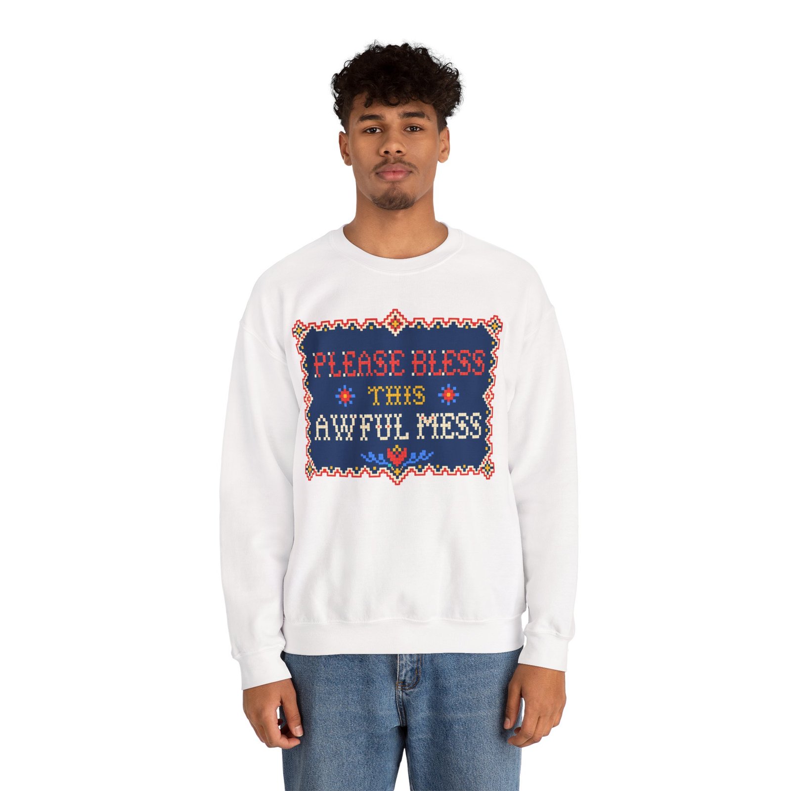 Please Bless This Awful Mess – Unisex Sweatshirt – Cozy Chaos in Cross-Stitch - Image 4