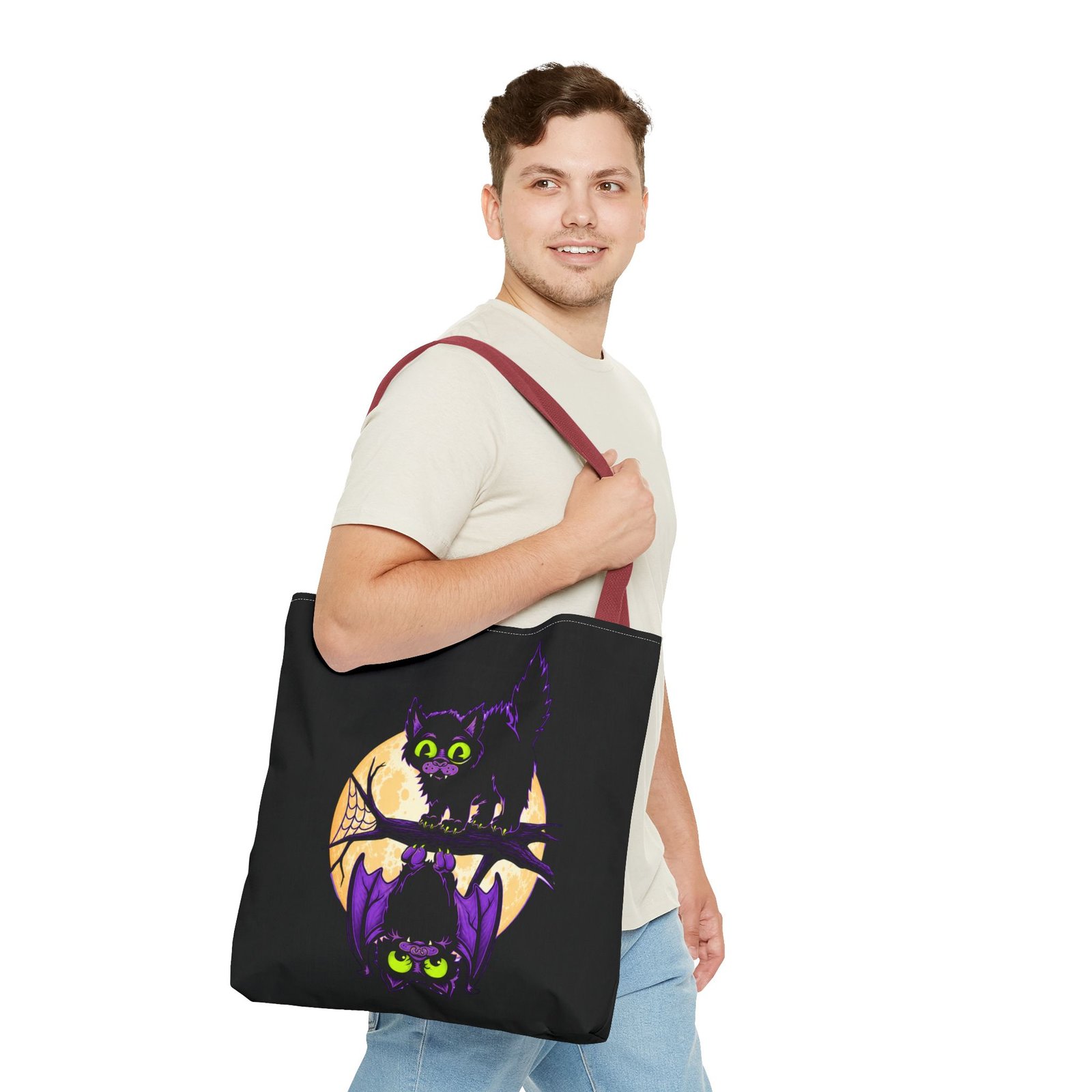 Moonlit Mischief - Tote Bag – Cute Halloween Cat and Bat - Image 23