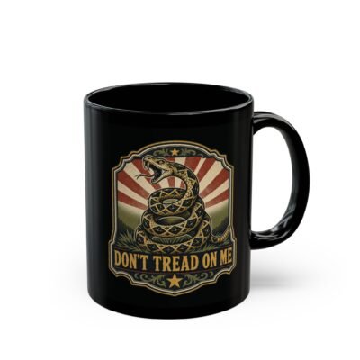 ☕🐍💛 Gadsden Flag Black Mug – Don’t Tread on My Coffee