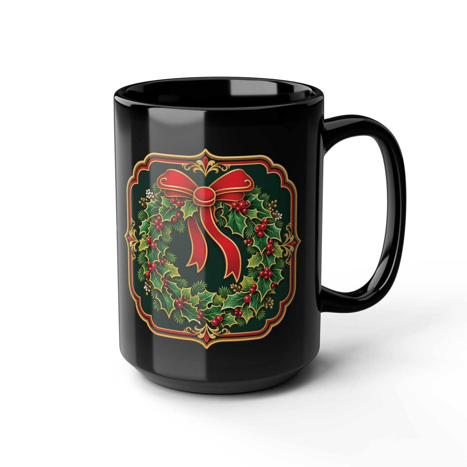 Holiday Wreath – Black Mug – Classic Christmas Cheer in Every Sip - Image 9