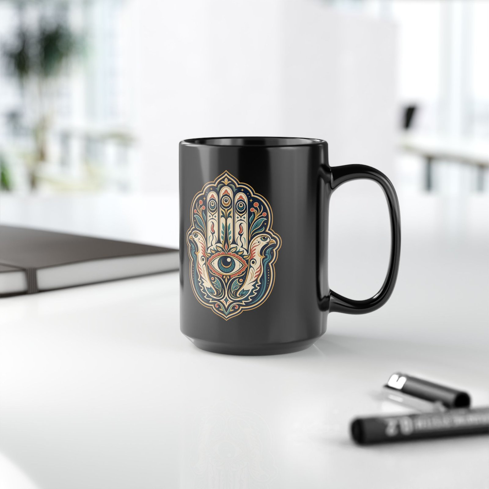 Hamsa – Black Mug – Protection, Peace and Meaning in Every Sip - Image 11