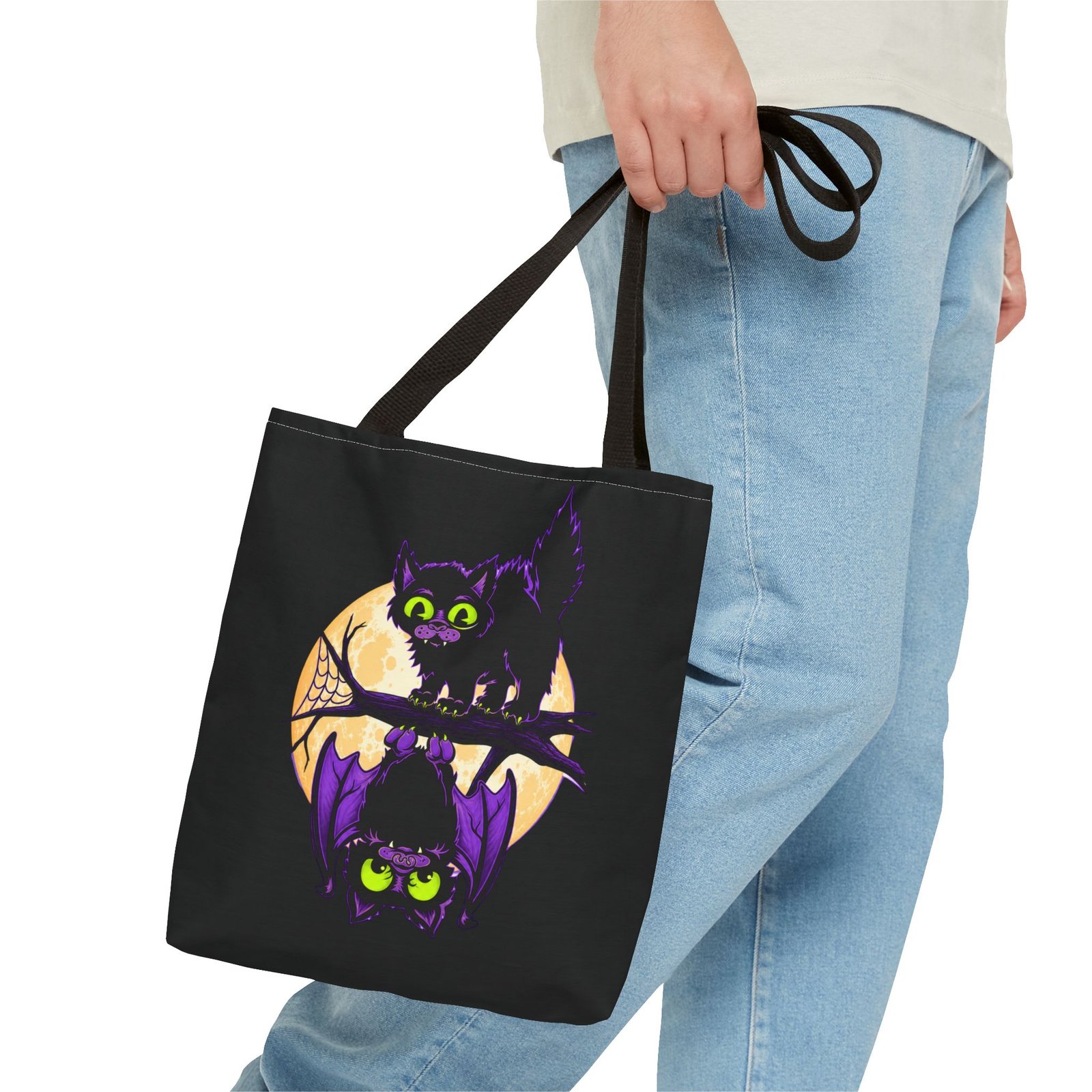 Moonlit Mischief - Tote Bag – Cute Halloween Cat and Bat - Image 3