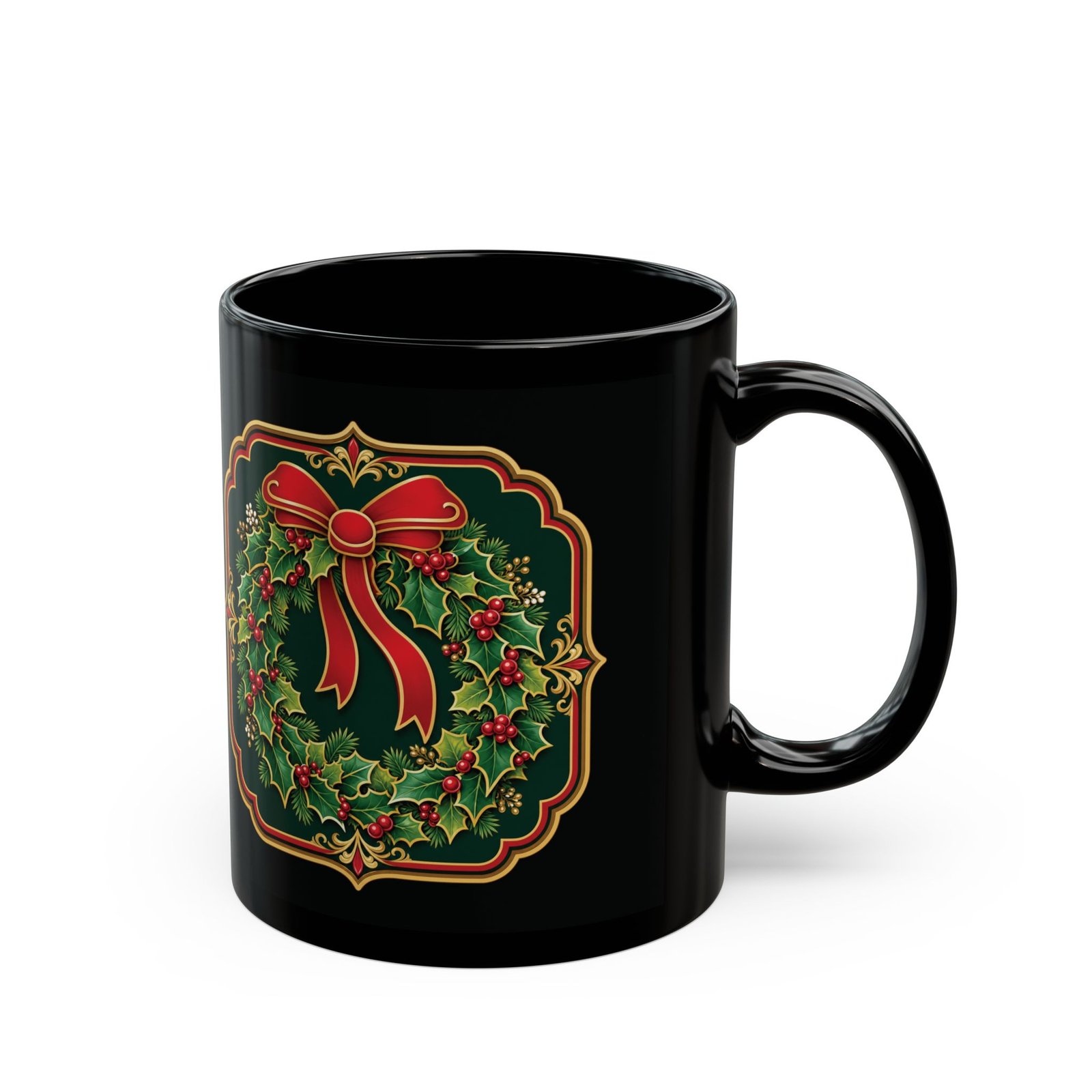 Holiday Wreath – Black Mug – Classic Christmas Cheer in Every Sip - Image 3