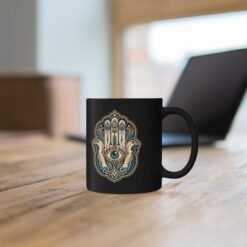 Hamsa – Black Mug – Protection, Peace & Meaning in Every Sip - Image 4
