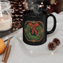 Holiday Wreath – Black Mug – Classic Christmas Cheer in Every Sip - Image 5