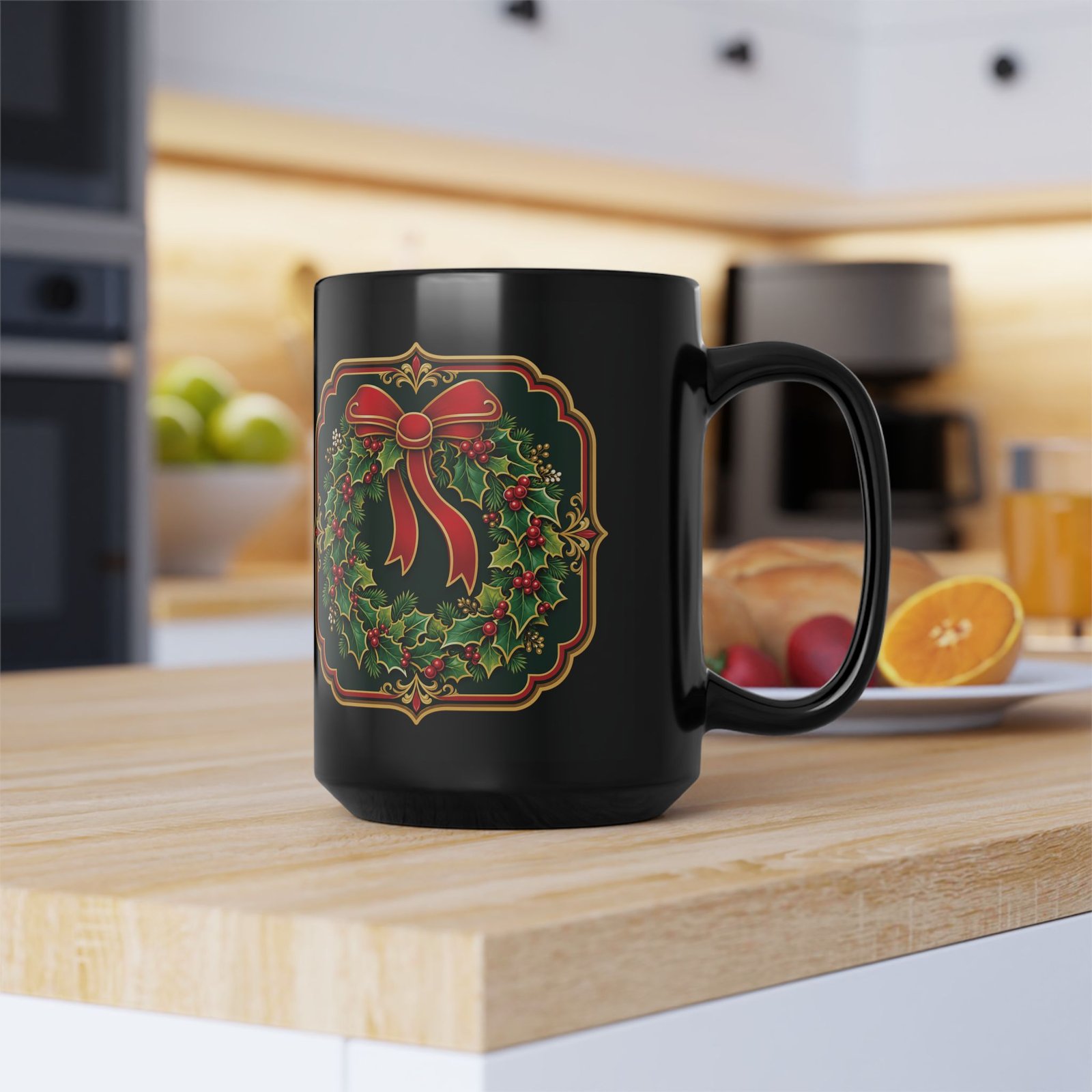 Holiday Wreath – Black Mug – Classic Christmas Cheer in Every Sip - Image 10