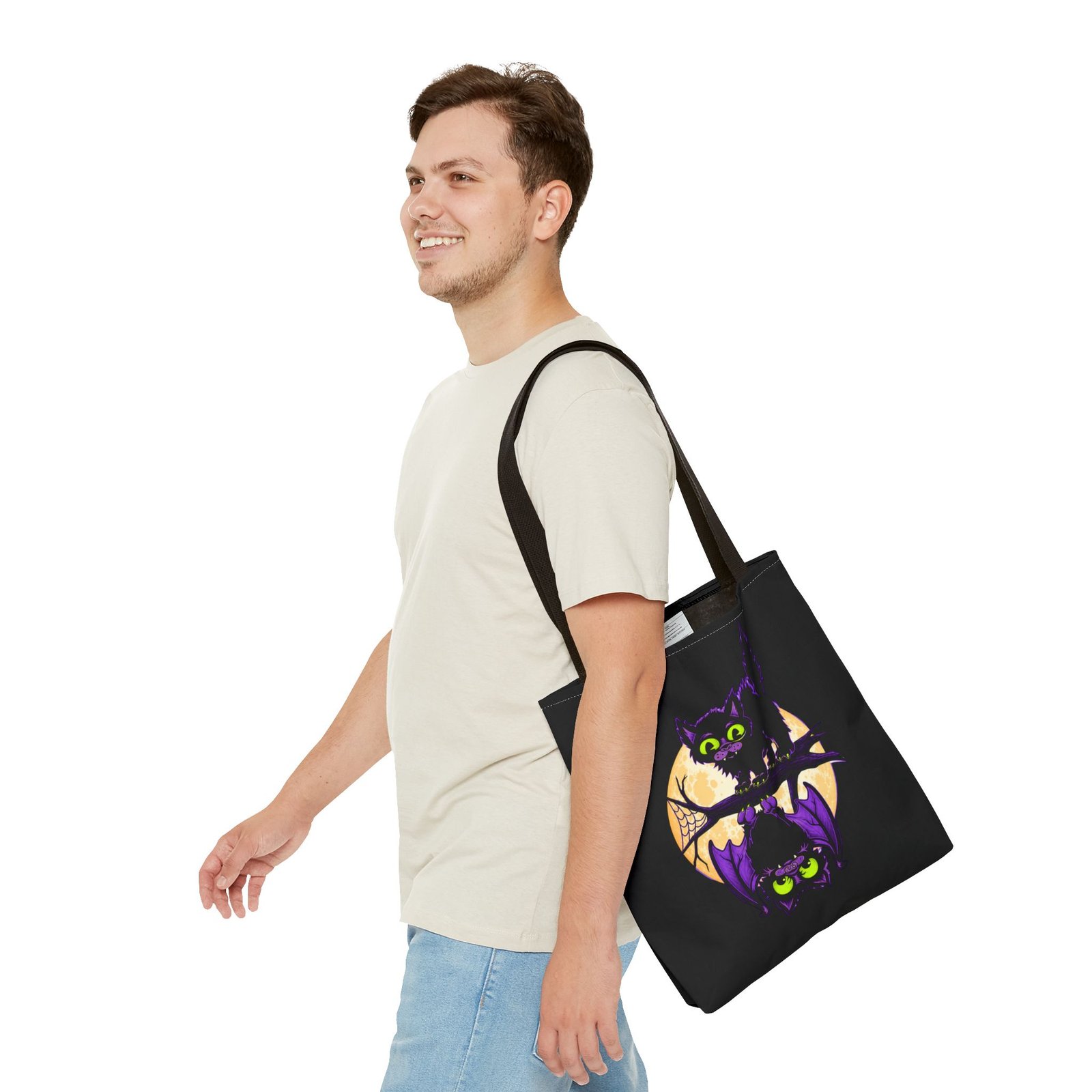 Moonlit Mischief - Tote Bag – Cute Halloween Cat and Bat - Image 7