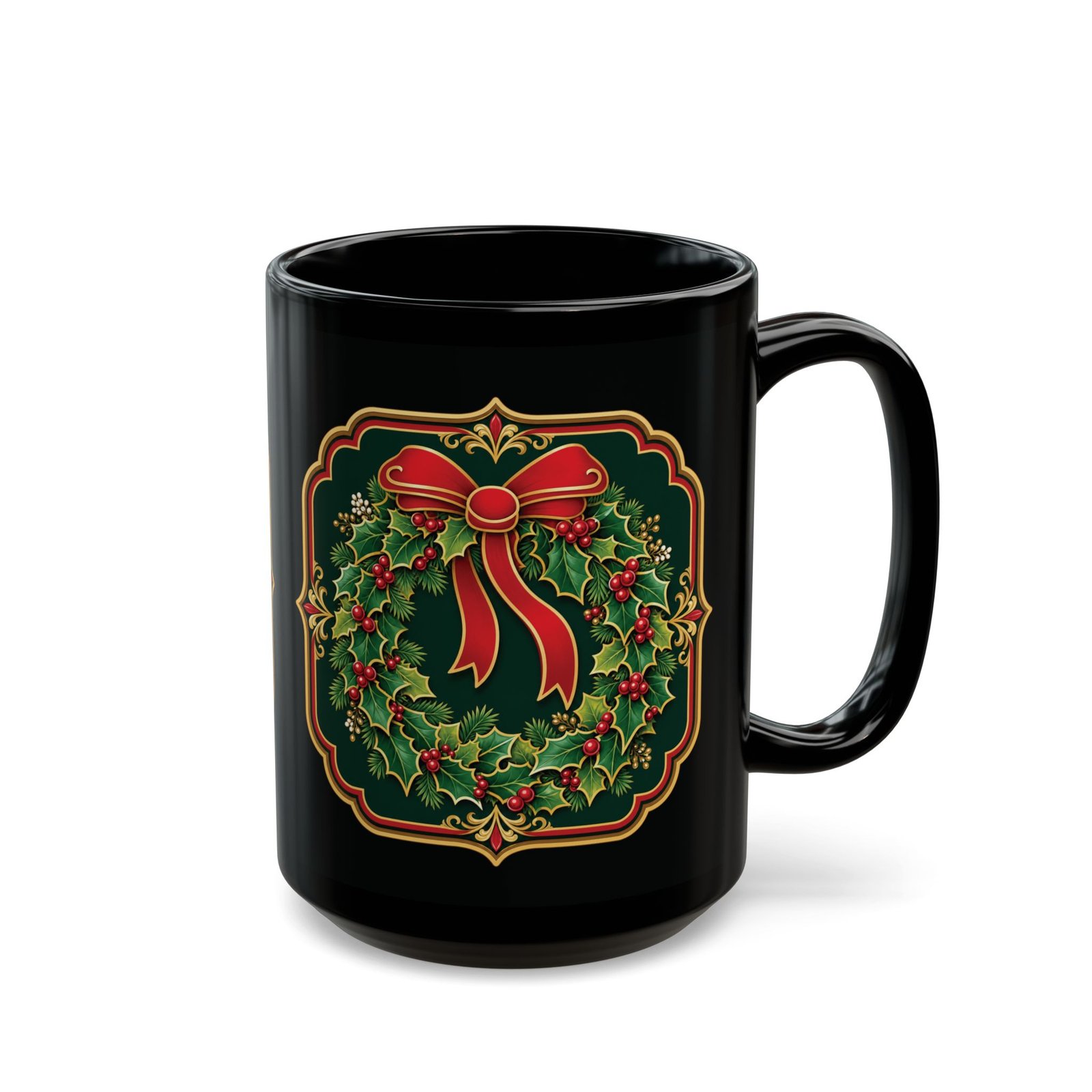 Holiday Wreath – Black Mug – Classic Christmas Cheer in Every Sip - Image 8
