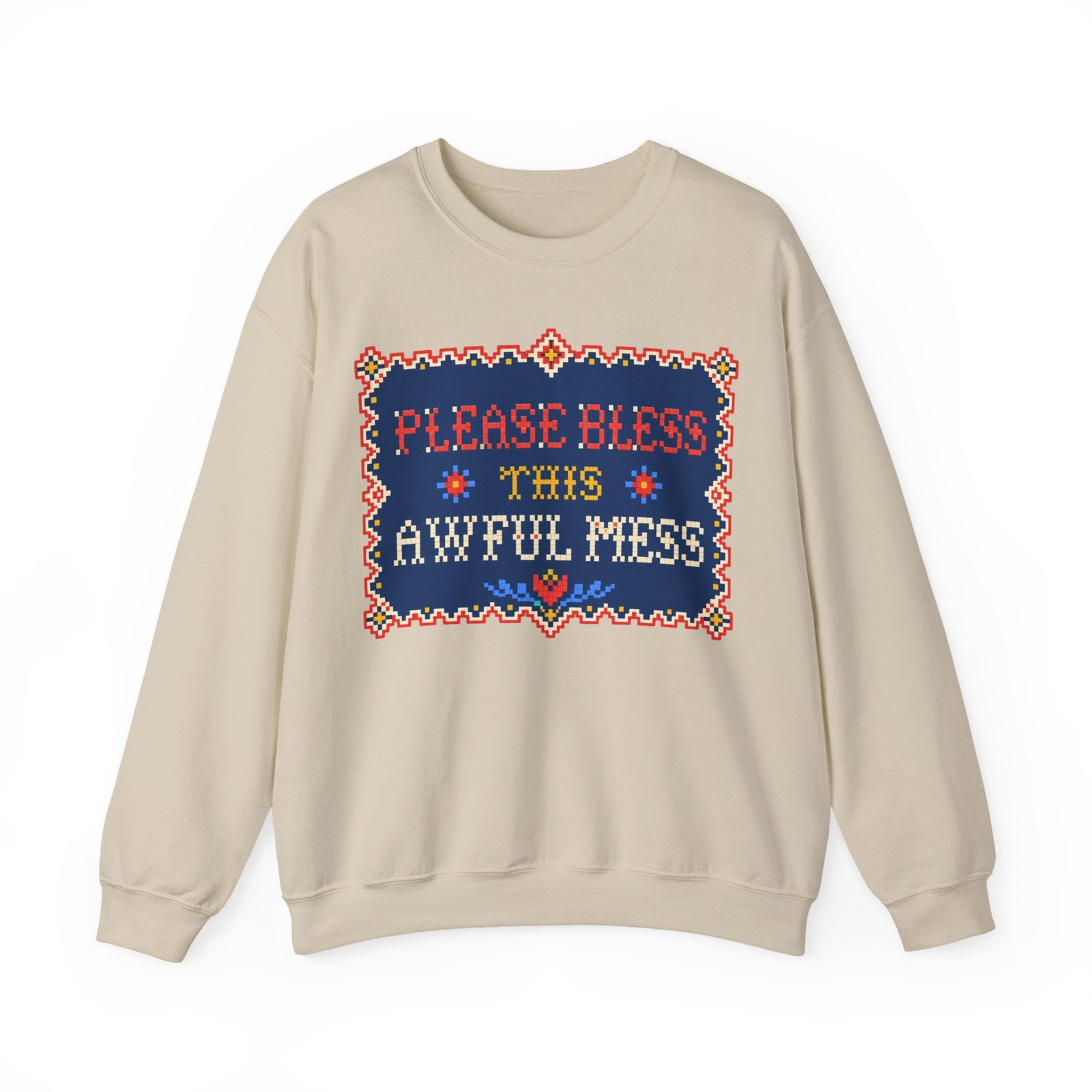 Please Bless This Awful Mess – Unisex Sweatshirt – Cozy Chaos in Cross-Stitch - Image 9