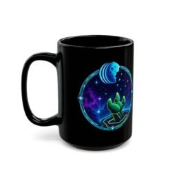 Reach for the Cookie - Black Mug – Cute Green Space Creature - Floating Cookie - Image 6