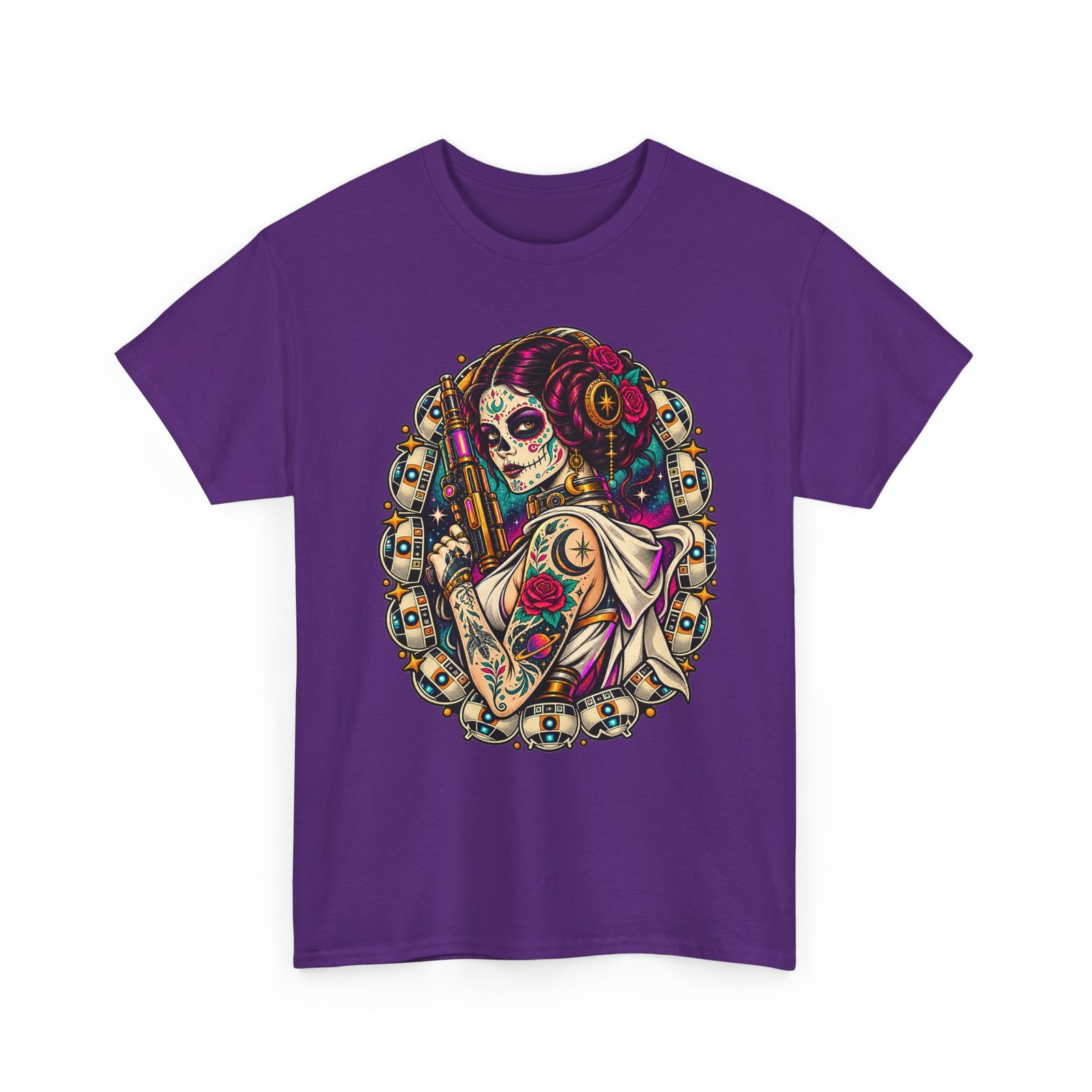 Tattooed Sugar Skull Princess - Unisex T-Shirt – Floral Cosmic Rebel - Tattoo Art - Image 18