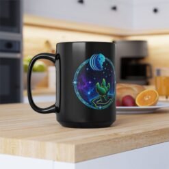 Reach for the Cookie - Black Mug – Cute Green Space Creature - Floating Cookie - Image 9