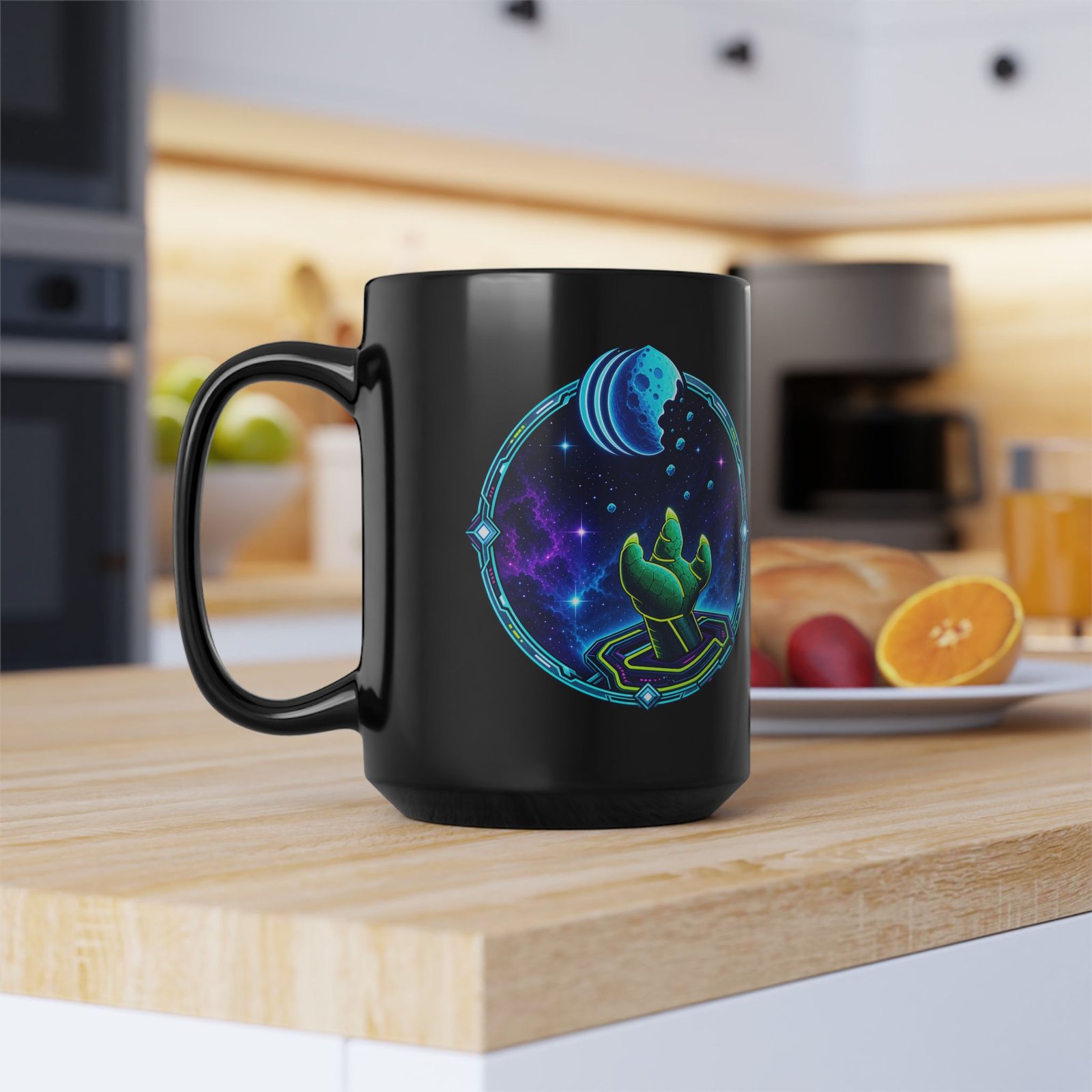 Reach for the Cookie - Black Mug – Cute Green Space Creature - Floating Cookie - Image 9