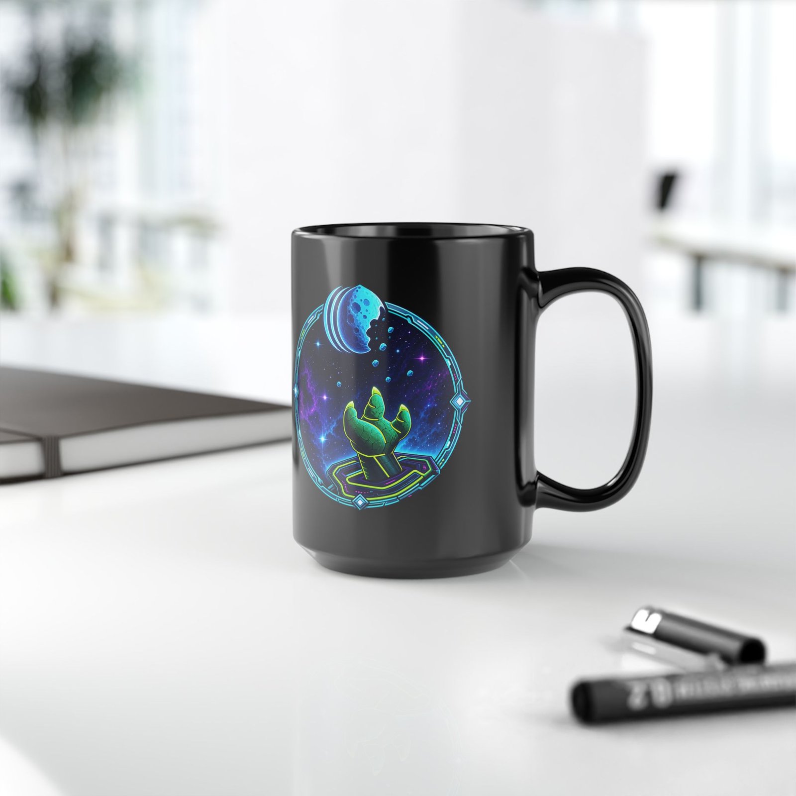 Reach for the Cookie - Black Mug – Cute Green Space Creature - Floating Cookie - Image 10