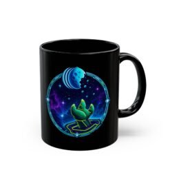 Reach for the Cookie - Black Mug – Cute Green Space Creature - Floating Cookie