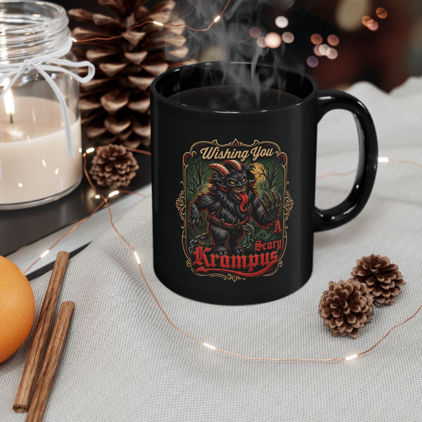 Wishing You a Scary Krampus - Black Mug – Dark Christmas Horror - Image 4