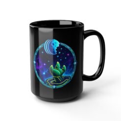 Reach for the Cookie - Black Mug – Cute Green Space Creature - Floating Cookie - Image 8