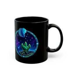 Reach for the Cookie - Black Mug – Cute Green Space Creature - Floating Cookie - Image 3