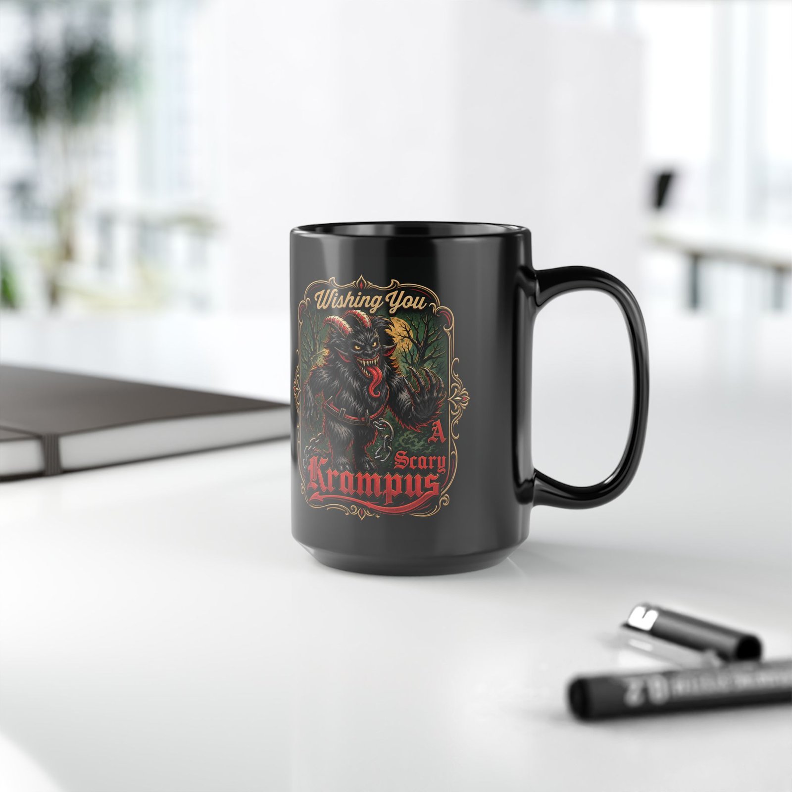 Wishing You a Scary Krampus - Black Mug – Dark Christmas Horror - Image 11