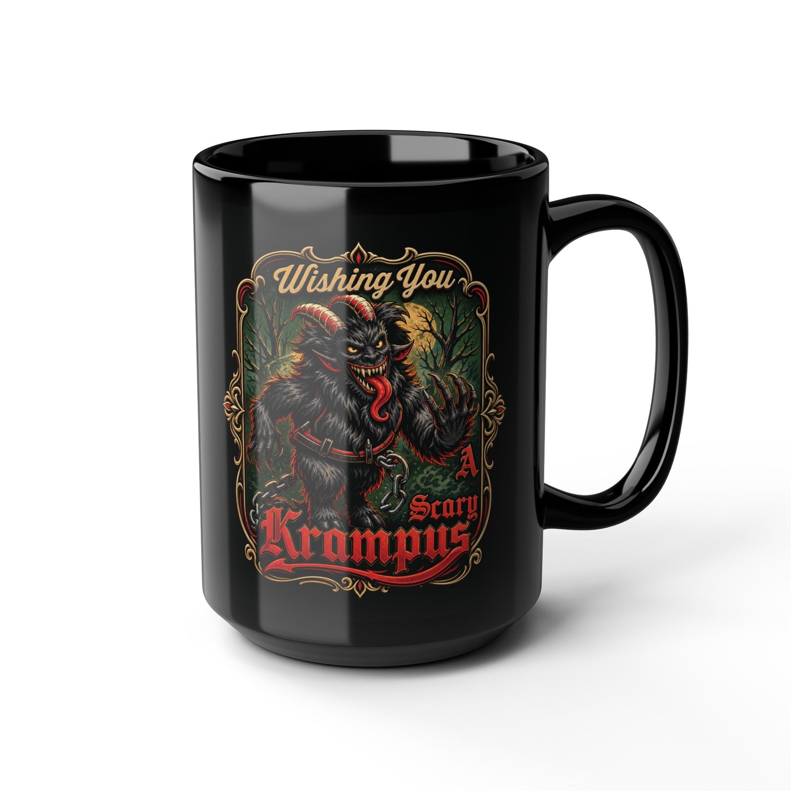 Wishing You a Scary Krampus - Black Mug – Dark Christmas Horror - Image 9
