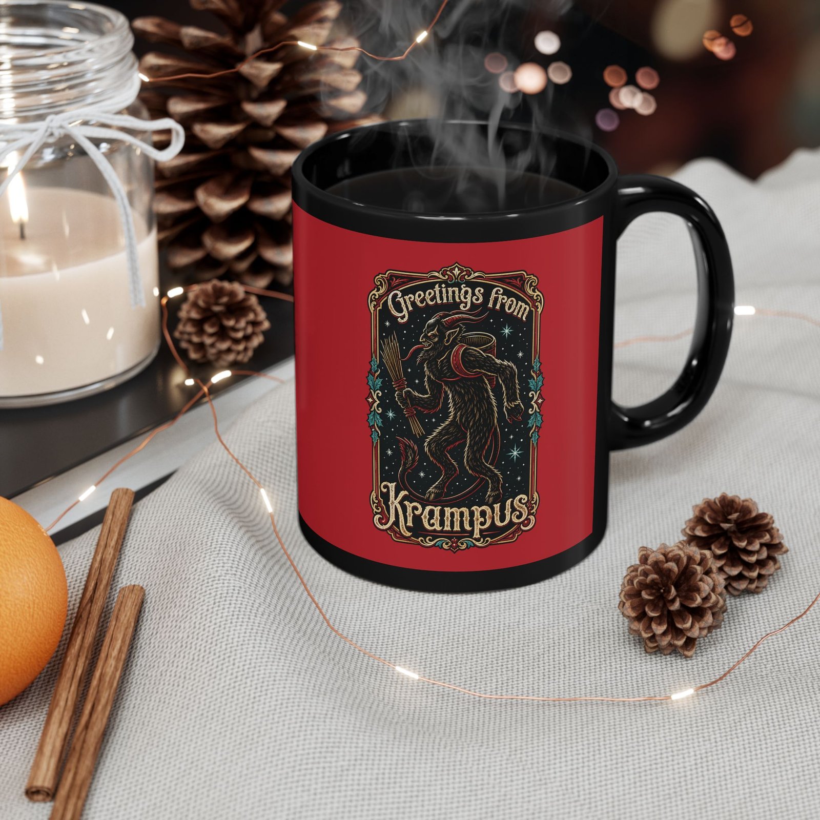 Greetings From Krampus - Black Mug – Sip with a Side of Sinister Cheer - Image 4