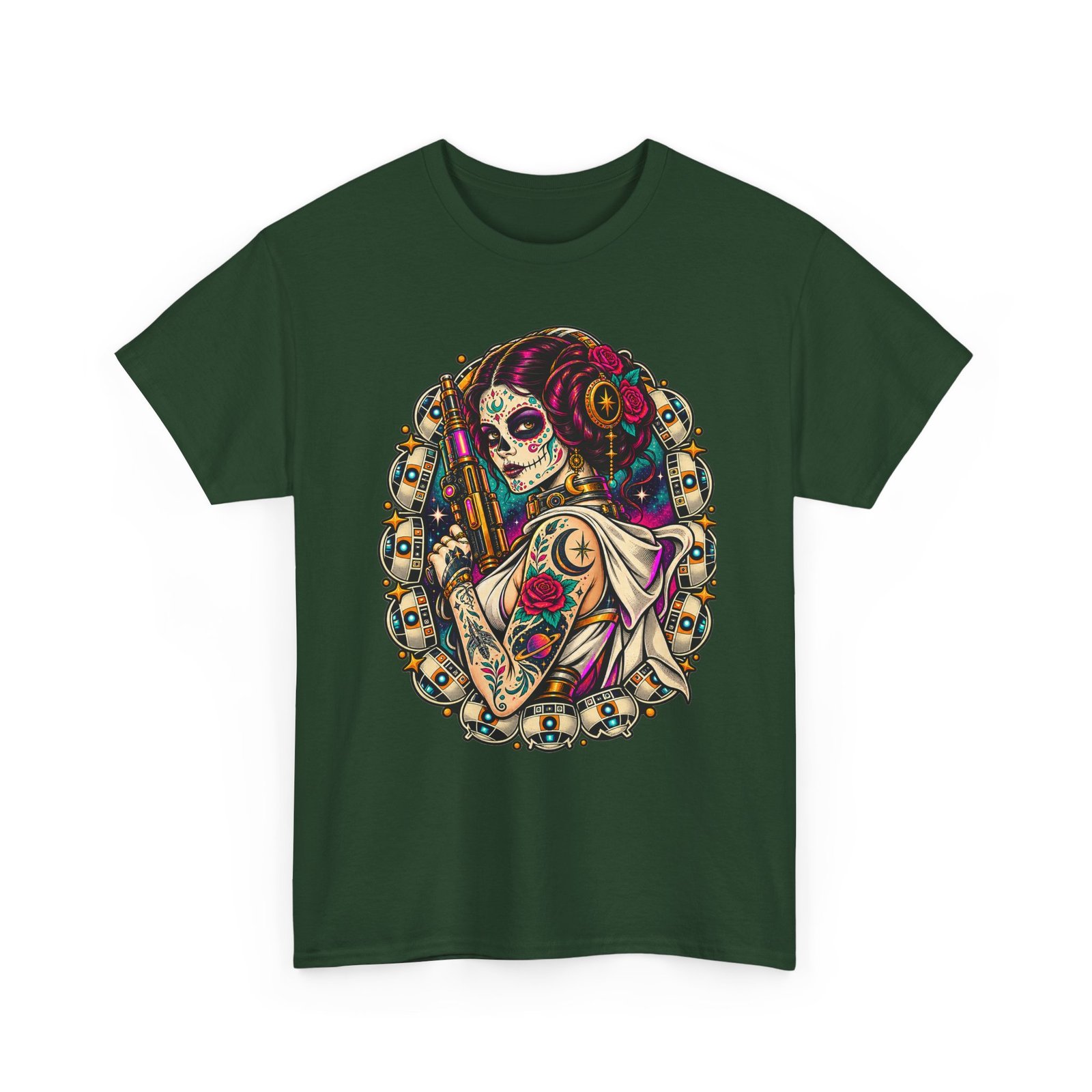 Tattooed Sugar Skull Princess - Unisex T-Shirt – Floral Cosmic Rebel - Tattoo Art - Image 14