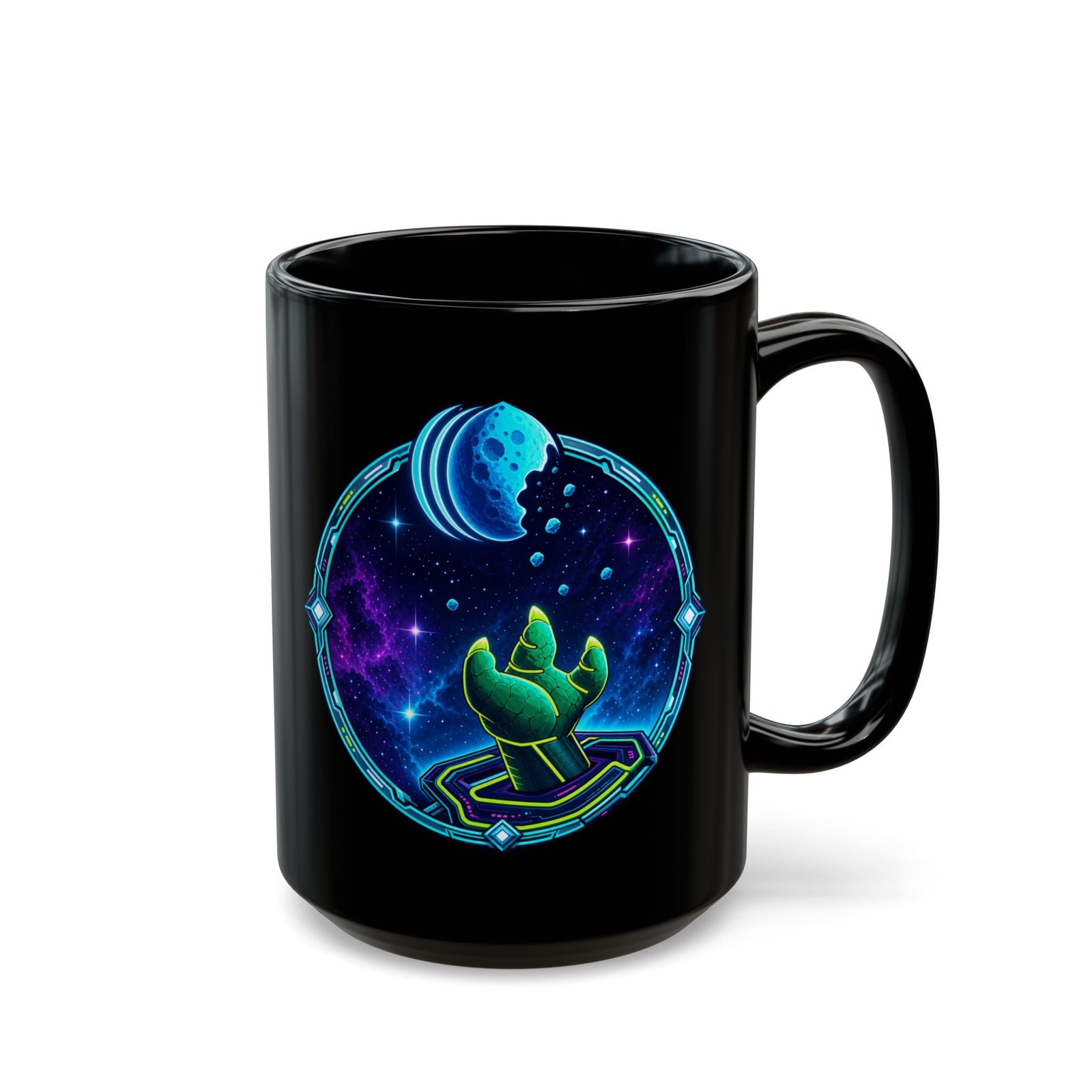 Reach for the Cookie - Black Mug – Cute Green Space Creature - Floating Cookie - Image 7