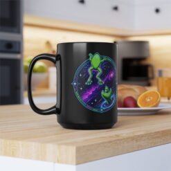 Reach for the Froggy - Black Mug – Cute Green Space Creature - Floating Frog - Image 9