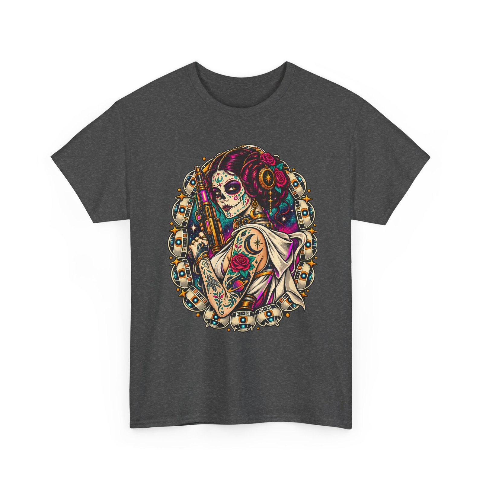 Tattooed Sugar Skull Princess - Unisex T-Shirt – Floral Cosmic Rebel - Tattoo Art - Image 15