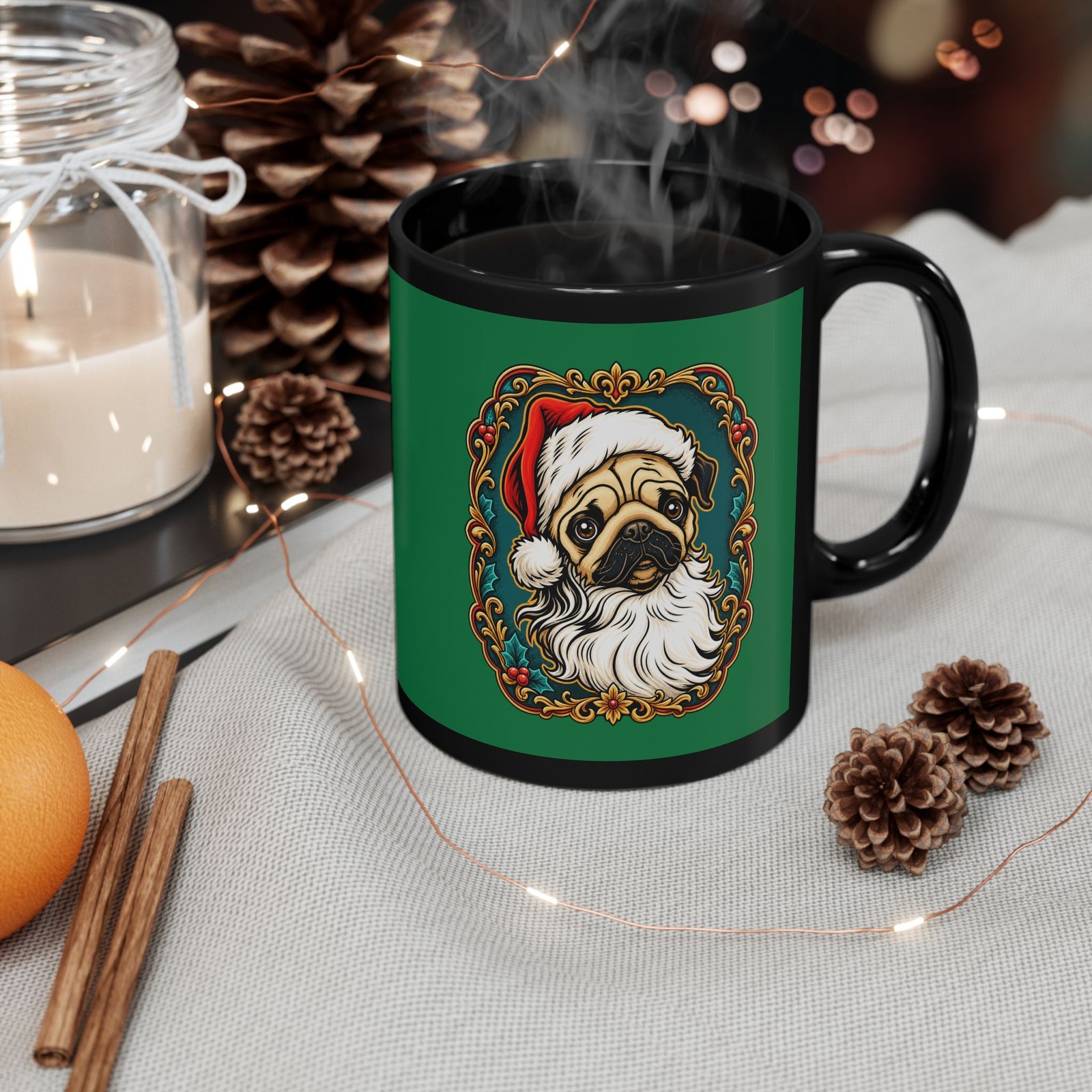 Pug Santa - Black Mug – Funny Christmas Pug - Dog Lover - Image 4